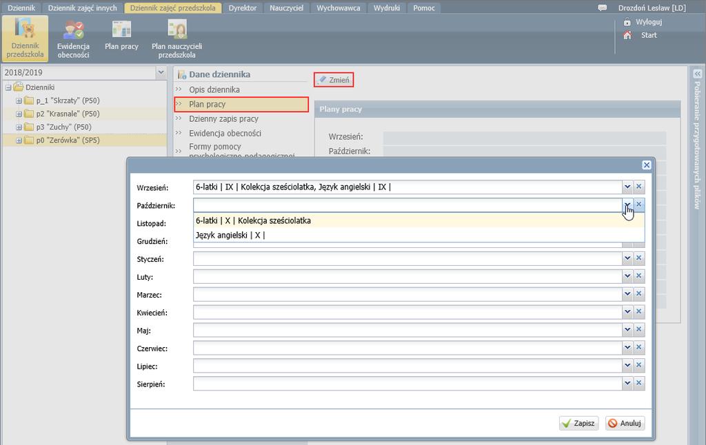 UONET+. Jak założyć dziennik oddziału przedszkolnego i wprowadzić do niego podstawowe dane? 8/8 2. Kliknij przycisk Zmień i w wyświetlonym oknie wybierz plany pracy na wybrany miesiąc.