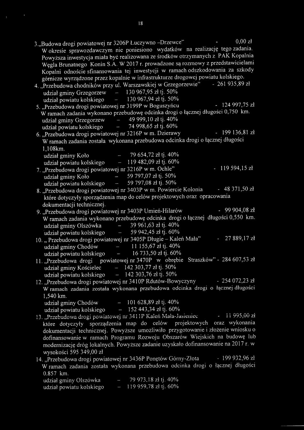 prowadzone są rozmowy z przedstawicielami Kopalni odnoście sfinansowania tej inwestycji w ramach odszkodowania za szkody górnicze wyrządzone przez kopalnie w infrastrukturze drogowej powiatu