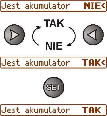 - ustawić przyciskami > lub < menu Test akumulatora - nacisnąć przycisk SET, pojawi się znak zachęty na końcu wiersza - przyciskami > lub <