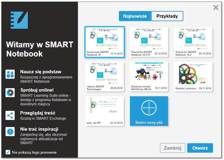 Ekran powitalny z linkiem do materiałów szkoleniowych dla nauczycieli Nowości w Notebook 18 Ekran powitalny SMART Notebook 18 zawiera nie tylko linki do ostatnio otwartych plików.