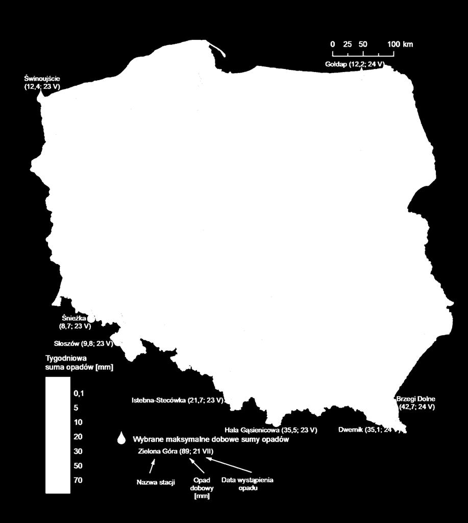 3. Rozkład tygodniowej sumy opadów oraz wybrane maksymalne