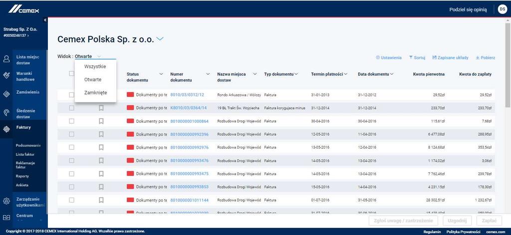 0 Przegląd konsoli faktur Lista faktur. Wybierz Spółkę CEMEX z menu rozwijanego. 2.