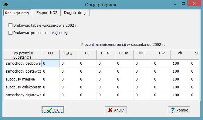 Okno Opcje programu Okno składa się z trzech stron: Redukcja emisji, Eksport NO 2 i Długość drogi Strona Redukcja emisji Na stronie wpisuje się procent zmniejszenia emisji w stosunku do 2002 r.