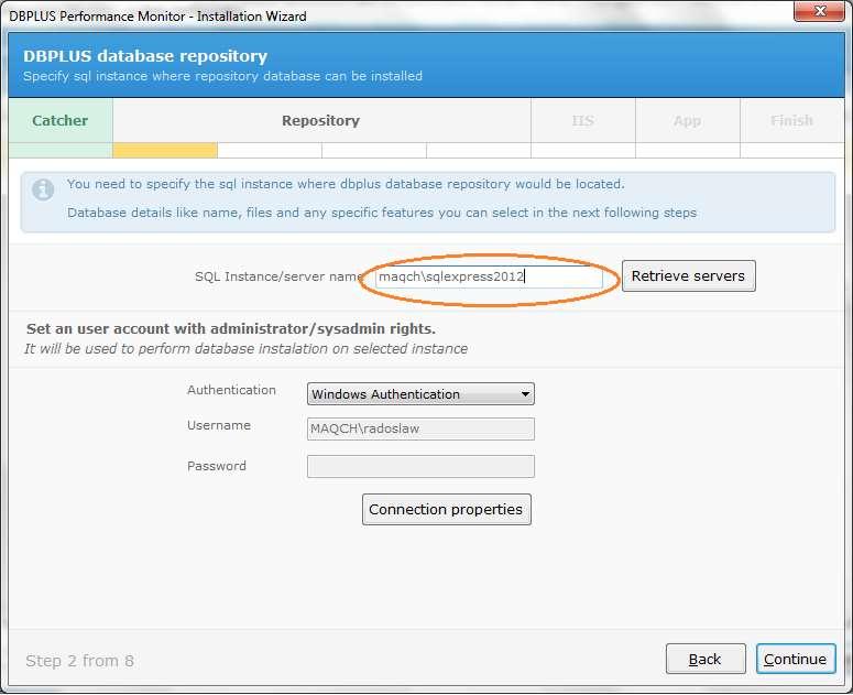 Określeniu konta użytkownika z uprawnieniami sysadmin, który zostanie wykorzystany do przeprowadzenia instalacji bazy repozytorium.