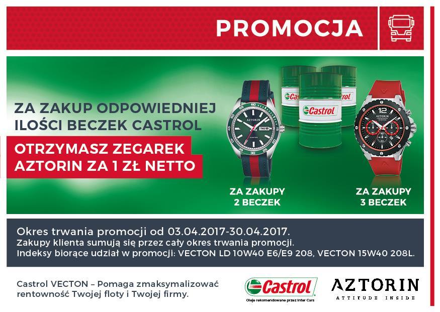 Oleje Castrol Za skumulowane zakupy odpowiedniej ilości wybranych olei Castrol, w okresie obowiązywania akcji, klient otrzyma zegarek Aztorin za 1 zł netto.