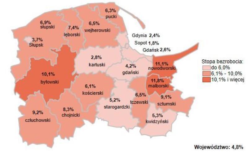 Stopa bezrobocia w powiatach województwa