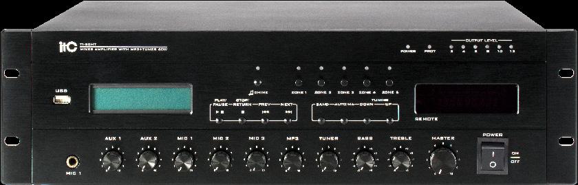 CENTRALE NAGŁOŚNIENIA I WZMACNIACZE ZE ŹRÓDŁEM TI-60MT TI-120MT TI-240MT Pięciostrefowa centrala nagłośnienia USB/SD/Tuner FM Wzmacniacz mocy 60WRMS (TI-60MT) Wzmacniacz mocy 120WRMS (TI-120MT)