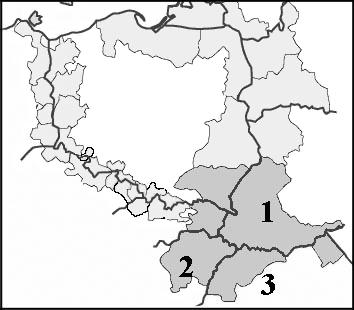 6 Zadanie 11. (1 pkt) Na mapie przedstawiono euroregiony położone wzdłuż granic Polski w 2001 roku.