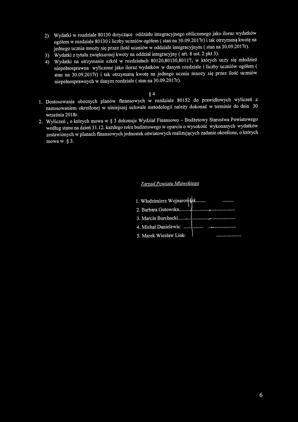 2) Wydatki w rozdziale 80130 dotyczące oddziału integracyjnego obliczonego jako iloraz wydatków ogółem w rozdziale 80130 i liczby uczniów ogółem ( stan na 30.09.