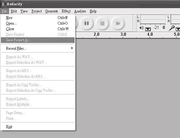 b) Zapis z użyciem Audacity Zapisywanie projektu Program umieszcza wszystkie zapisane dane audio w folderze o nazwie Projectname_data, który znajduje się folderze, w którym użytkownik sam zapisze