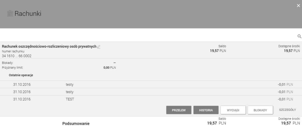 Kliknięcie w wiersz wybranego rachunku powoduje wyświetlenie dodatkowych informacji na temat rachunku oraz dodatkowych przycisków: PRZELEW - opcja umożliwiająca wykonanie przelewu zwykłego/na