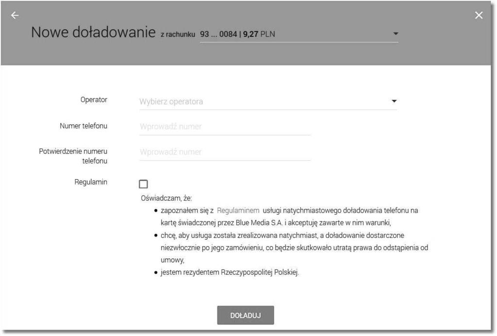 Regulamin - pole typu checkbox, potwierdzające zapoznanie się z regulaminem usługi natychmiastowego doładowania. Zaznaczenie pola jest obligatoryjne do realizacji doładowania telefonu.