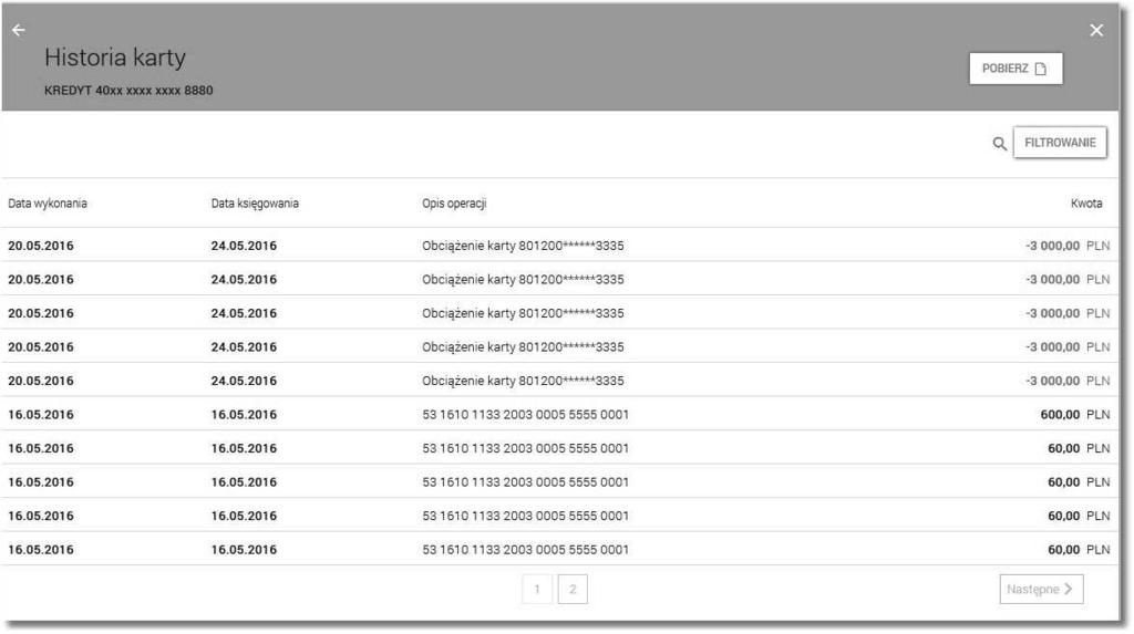Wyświetlane jest wówczas okno prezentujące listę operacji wykonanych przy użyciu karty płatniczej: System umożliwia filtrowanie historii operacji po wybraniu opcji znajdującej się nad listą operacji.