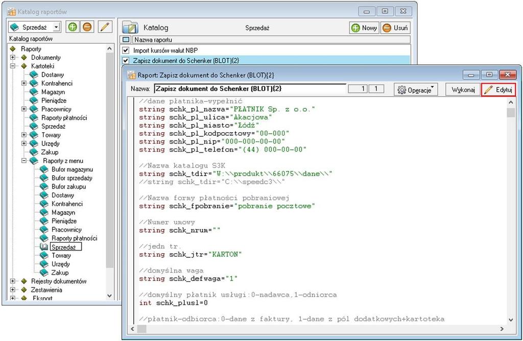 KONFIGURACJA DODATKU Konfiguracj dodatku nale y przeprowadzi przez edycj modu u/raportu konfiguracyjnego 'Zapisz dokument do Schenker (BLOT){2}' Modu znajduje si w menu 'Kartoteki -> Raporty'.