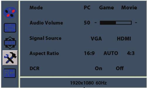 Głośność dźwięku Pozwala ustawić siłę głosu. 3. Źródło sygnału Wybiera sygnały VGA lub HDMI. 1. Język Umożliwia wybranie języka menu ekranowego. 2.