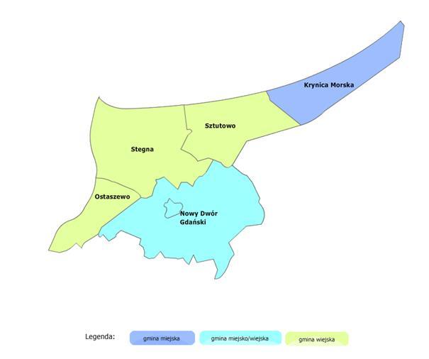 Gmina Sztutowo: Gmina Sztutowo jest gminą wiejską znajdującą się w północnej części powiatu. Ma ona powierzchnię 11 153 ha i zajmuje 16,61% powiatu. Rysunek 2. Gminy Powiatu Nowodworskiego.