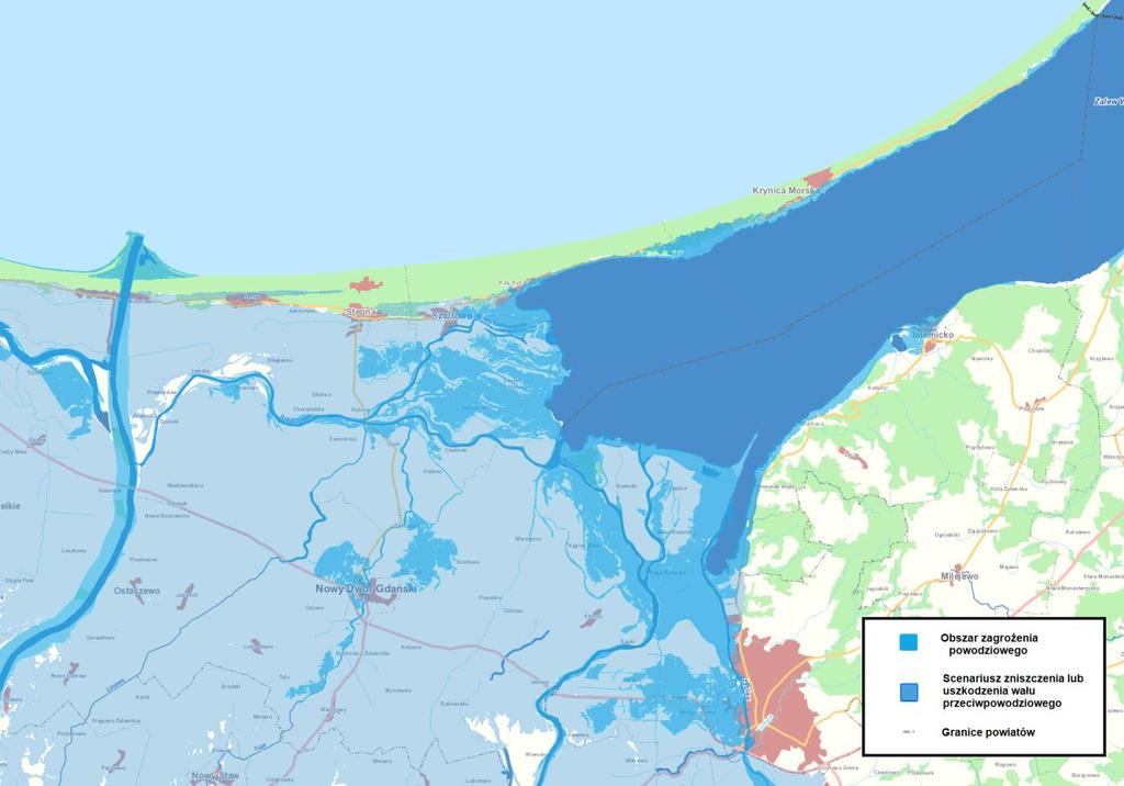 Zagrożenie powodziowe Zgodnie z danymi Informatycznego Systemu Ochrony Kraju, na terenie Powiatu Nowodworskiego znajdują się tereny zagrożone zjawiskiem powodzi oraz podtopieniami.