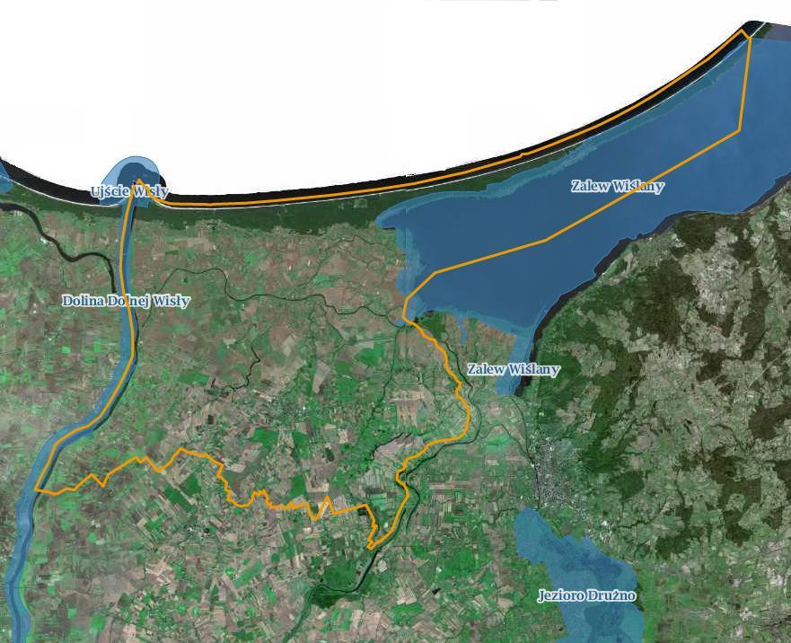 Rysunek 13. Obszary ptasie Natura 2000 na tle Powiatu Nowodworskiego. Źródło: www.geoserwis.gdos.gov.