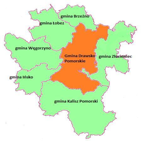 Mapa nr 2: Położenie gminy Drawsko Pomorskie w powiecie drawskim (od 01 stycznia 2019 r.