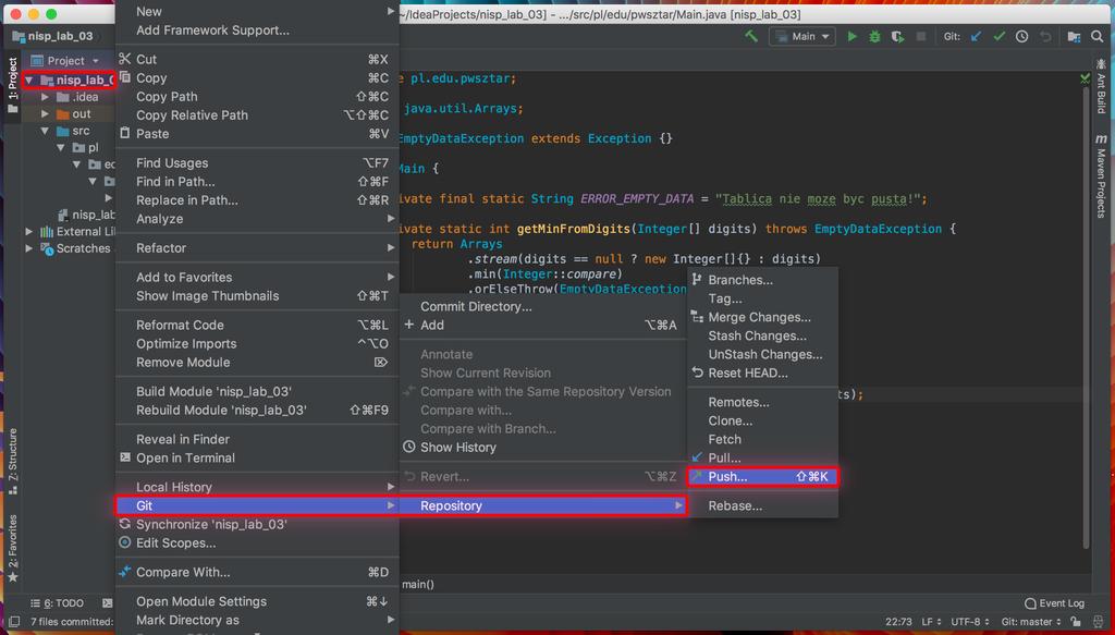 ➄ Push (wysyłanie zmian do zdalnego repozytorium) Do komendy mamy dostęp klikając prawym przyciskiem myszki na głównym