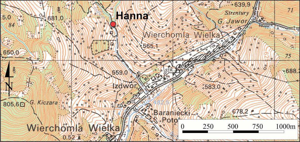 Gmina Piwniczna ŹRÓDŁO HANNA Wierchomla Pomnik przyrody nieożywionej Wys. 554 m n.p.m. 49 o 25' 57,0'' N 20 o 46' 59,9'' E Szczawa ze źródła Hanna jest typu HCO 3-Ca-Mg+CO 2 o mineralizacji 1,4 g/dm 3 ; ph 6,4; temperaturze 11,6 o C; CO 2 1,0 g/dm 3.