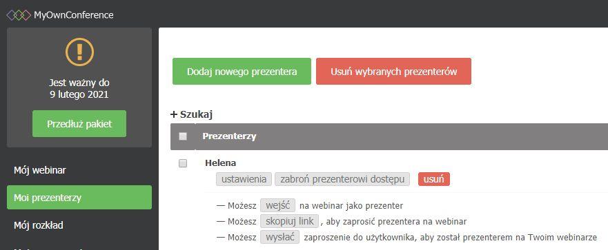 Jak dodać prezentera lub moderatora W MyOwnConference nie ma różnicy między rolą moderatora a prowadzącego: moderator może, jak i prezenter mówić w trakcie transmisji, nagrywać transmisję, moderować