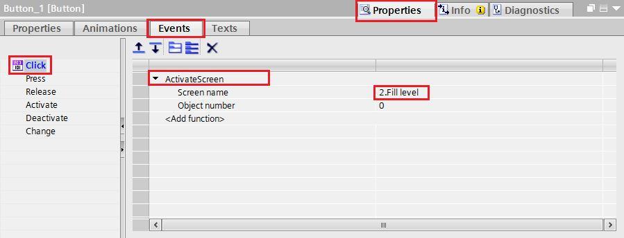 Po utworzeniu przycisków w zakładce Properties można nadać im odpowiednie funkcjonalności. Przycisk Fill level ma aktywować ekran 2.
