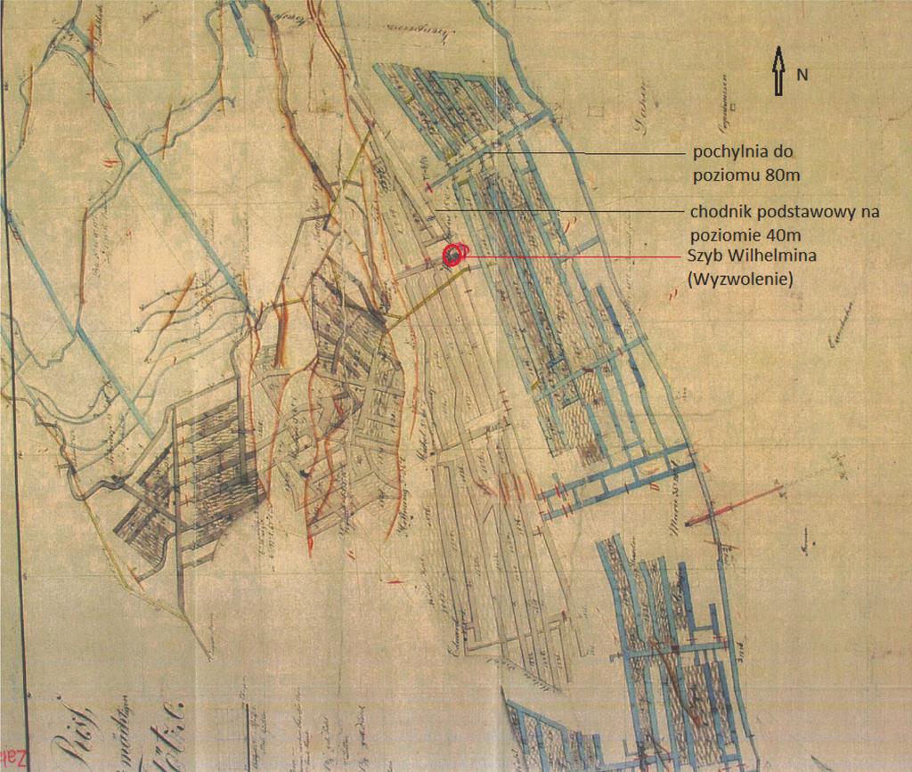 22 PRZEGLĄD GÓRNICZY 2018 Rys. 1. Archiwalna mapa pokładu 510 z połowy XIX wieku (archiwum MGW ) Fig.1. Archival map of the 510 bed appr.
