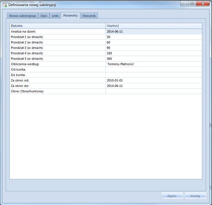3.4.4 Subskrypcje z parametrami W przypadku wysyłania raportu posiadającego parametry, można ustalić wartość parametrów z jakimi ma być wysyłana subskrypcja.