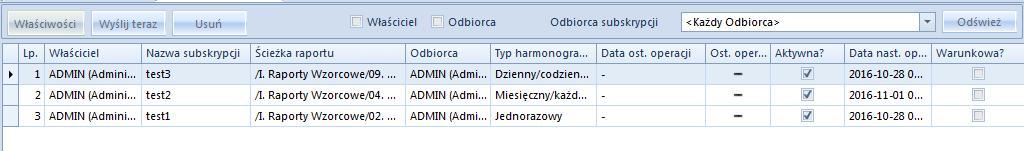 Rysunek 134 Okno Moje subskrypcje Lista pozwala na edycję wybranej subskrypcji, wysłanie w danej chwili oraz jej usunięcie. Na liście możliwy jest także zapis ustawień listy subskrypcji.