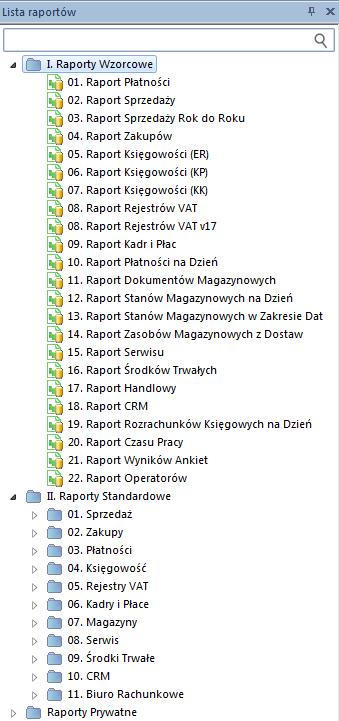 Rysunek 19 Drzewo raportów standardowych Poza raportami standardowymi znajdują się tam również raporty wzorcowe (źródłowe). Są one jedynie szablonami służącymi do tworzenia właściwych raportów.