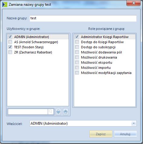 Rysunek 42 Lista wyboru członków grupy. Uwaga: Użytkownik posiadający status administratora widzi na liście grupy należące do wszystkich użytkowników systemu.