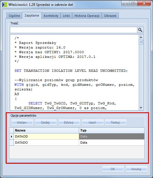 Definiowanie parametrów raportu Zapytania wpisywane we właściwościach raportu można parametryzować.