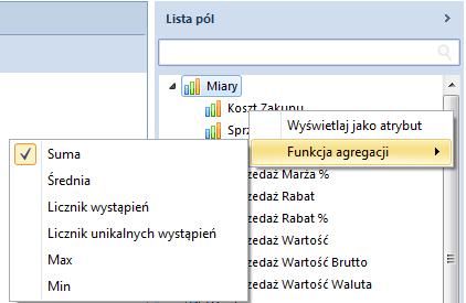 Funkcje agregacji miar Domyślnie każda miara wykorzystywana w raporcie używa sumy jako funkcji agregacji elementów.