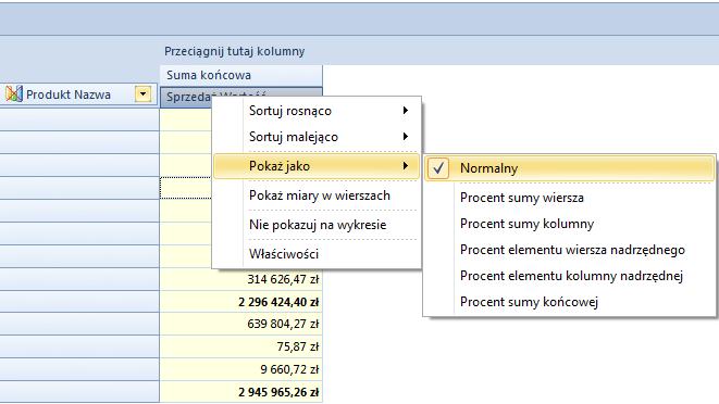 procent elementu kolumny nadrzędnej; procent sumy końcowej. Rysunek 86 Pokaż miarę jako procent 3.3.2.