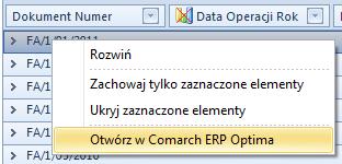 Otwieranie kart w Dla niektórych elementów wymiarów w menu kontekstowym dostępna jest opcja Otwórz w Comarch ERP Optima. Wybranie jej spowoduje otworzenie w programie okna powiązanego z danym 3.3.2.