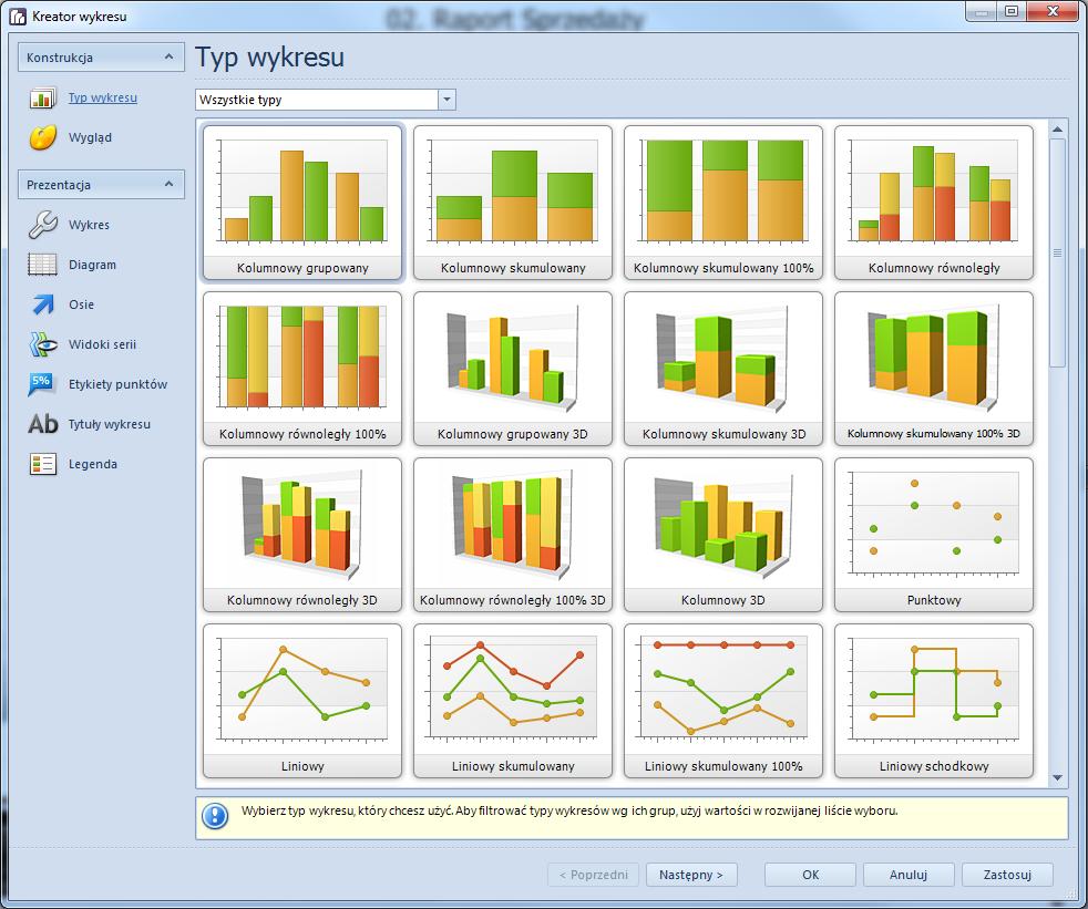 Rysunek 91 Kreator wykresów Rysunek 92 Opcje edycji wykresu na wstążce W kreatorze wykresu mamy dostęp do poszczególnych etapów tworzenia wykresu, możną się między nimi swobodnie przemieszczać