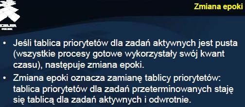 Zmiana epoki Zamiana tablic jest operacją bardzo szybką, gdyż polega na zamianie wartości dwóch wskaźników, wskaźnika na tablicę priorytetów dla zadań aktywnych i tablicę priorytetów dla zadań