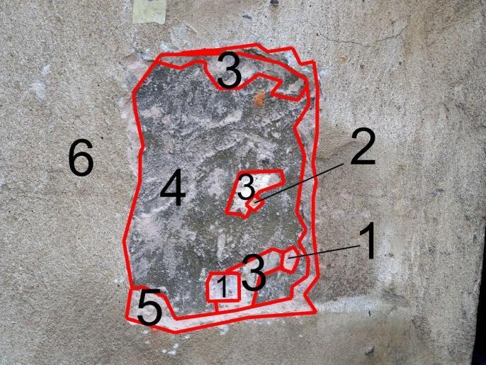 - farba szara (o odcieniu zielonym) 5 - warstwa zaprawy 6 - zacierka cementowa Odkrywkę