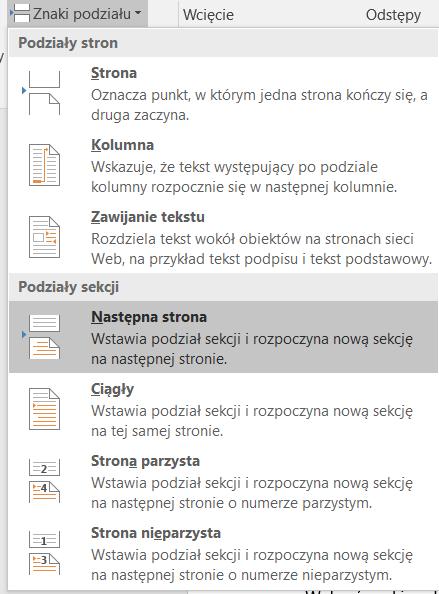 programu Ms Word): W zależności, której stronie chcemy zmienić rozmiar i/lub orientację przechodzimy na nią (kursor