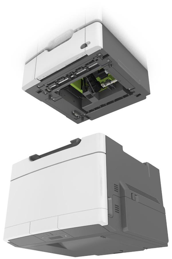 Dodatkowa konfiguracja drukarki 19 3 Dopasuj zasobnik podwójny na 650 arkuszy do drukarki, a następnie opuść drukarkę na miejsce.