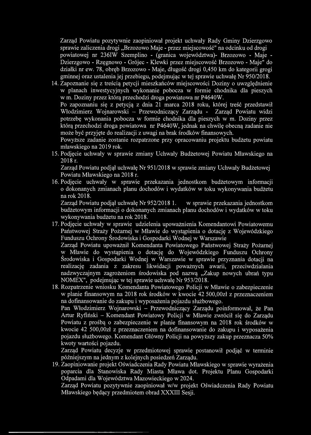 Zarząd Powiatu pozytywnie zaopiniował projekt uchwały Rady Gminy Dzierzgowo sprawie zaliczenia drogi Brzozowo Maje - przez miejscowość" na odcinku od drogi powiatowej nr 236IW Szemplino - (granica