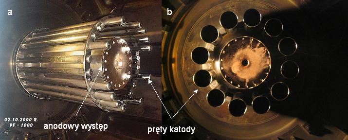 Marek Scholz Rys. 4.3. Dwa typy elektrod wykorzystywane w PF-1000. a) z katodą złożoną z 24 prętów o średnicy 32 mm, b) z katodą złożoną z 12 prętów o średnicy 80 mm.