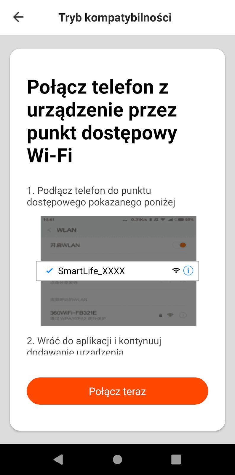 Przyciskając w poprzednich krokach dwukrotnie przycisk parowania sprawiłeś, że Twoje nowo dodawane urządzenie stworzyło HOTSPOT Wifi