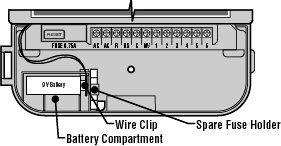 PODŁĄCZENIE BATERII Podłącz baterię alkaliczną 9V i umieść ją we wnęce za dolnymi drzwiczkami sterownika. Bateria podtrzymuje wprowadzony program podczas zaniku napięcia w sieci.