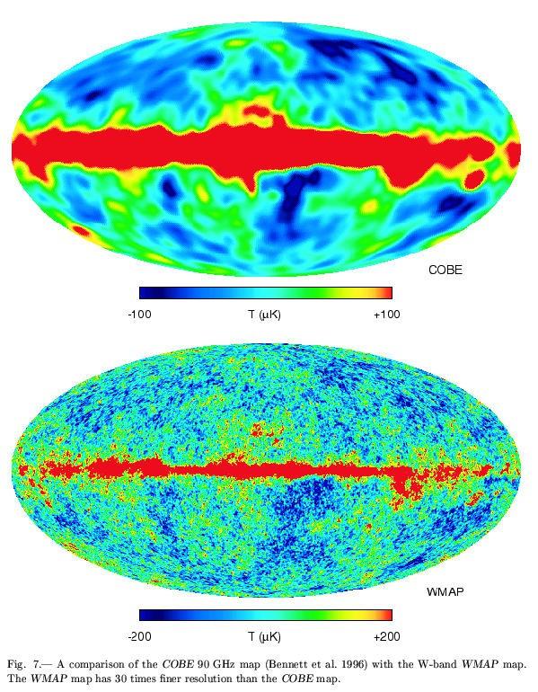 COBE (1989-93) WMAP (2001-10) fluktuacje temperatury WMAP (Wilkinson Microwave Anisotropy Probe) ma wielokrotnie wyższą czułość i