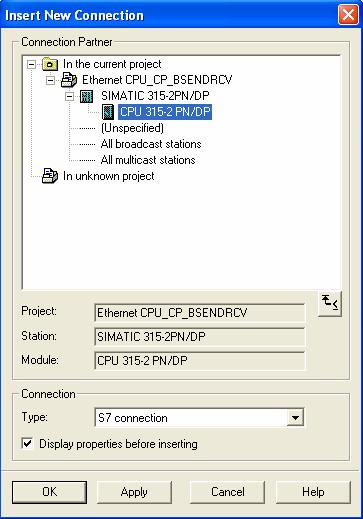 3.10 W otwartym oknie Insert New Connection wybieramy CPU mające być partnerem komunikacji i typ