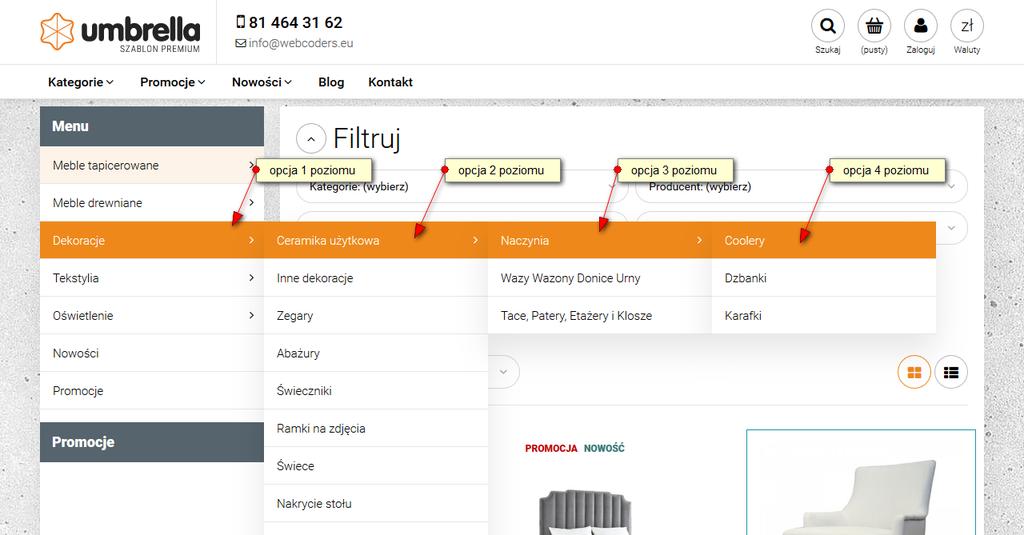 Moduł menu Szablon rozszerza standardową funkcjonalność modułu o wyświetlenie podkategorii. Po najechaniu na nazwę kategorii zostanie wyświetlona lista jej podkategorii w kierunku kolumny środkowej.