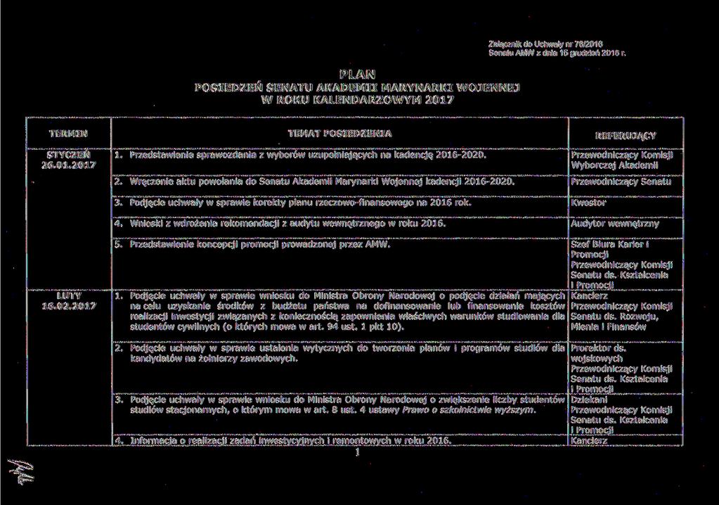PLAN POSIEDZEŃ SENATU AKADEMII MARYNARKI WOJENNEJ W ROKU KALENDARZOWYM 2017 Załącznik do Uchwały nr 76/2016 Senatu AMW z dnia 15 grudzień 2016 r. TERMIN STYCZEŃ 26.01.2017 TEMAT POSIEDZENIA 1.