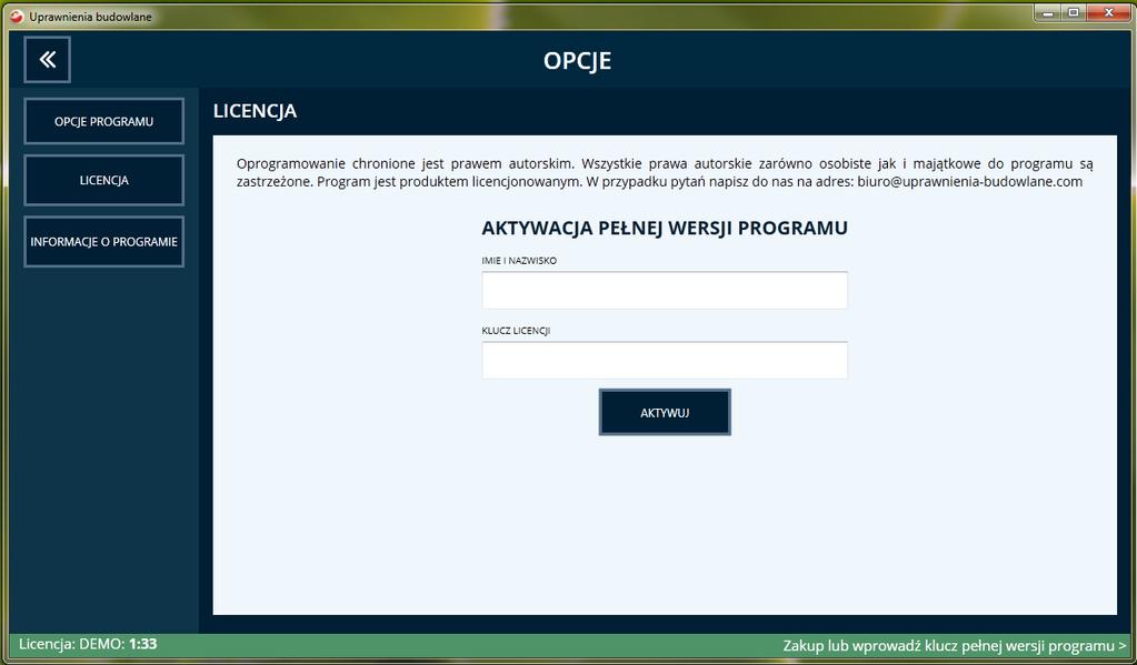 przycisk AKTYWUJ po wpisaniu danych oraz klucza aktywuje program do pełnej wersji 7.